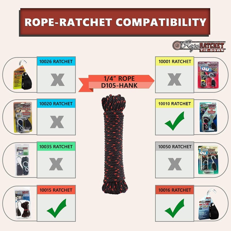 Rope Ratchet حبل راتشيت 1/14" 50 قدم حبل بولي بروبيلين مضفر، مقاوم للطقس داخلي وخارجي للحدائق، مشاريع DIY، تأمين الأحمال، الربط، ربط العقد، استخدام الأقمشة، سعة 150 رطل - أسود/أحمر - Image 4